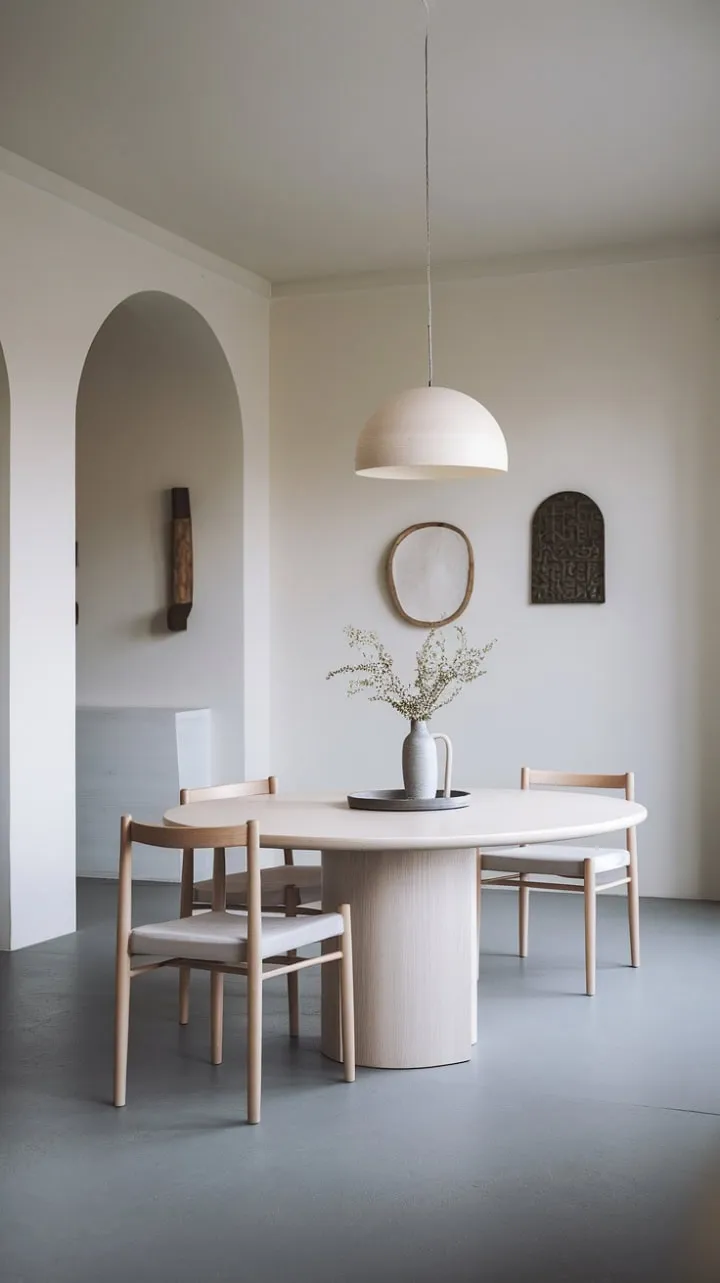 Sunlight bathes a minimalist dining space in warmth, where clean lines and soft hues invite serene contemplation and cherished moments.