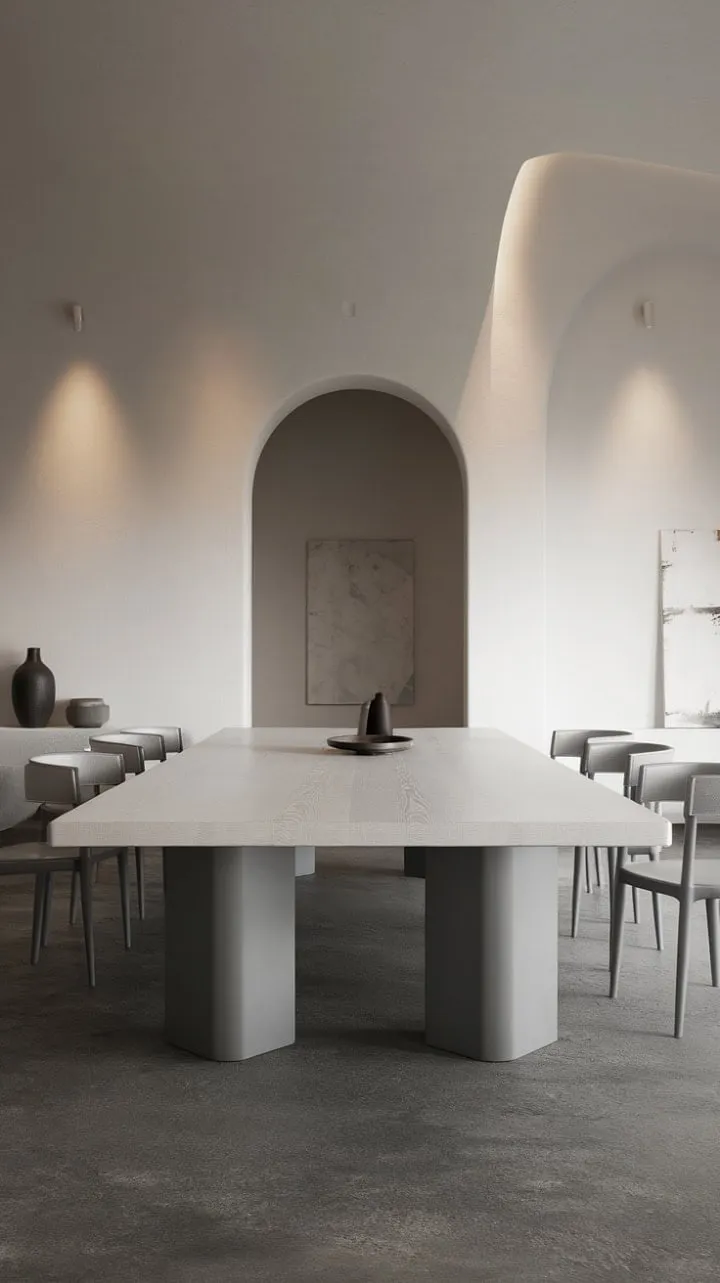 In this serene monochromatic haven, the elegant dance of white and grey transforms dining into a tranquil sanctuary, highlighted by a striking white oak table.