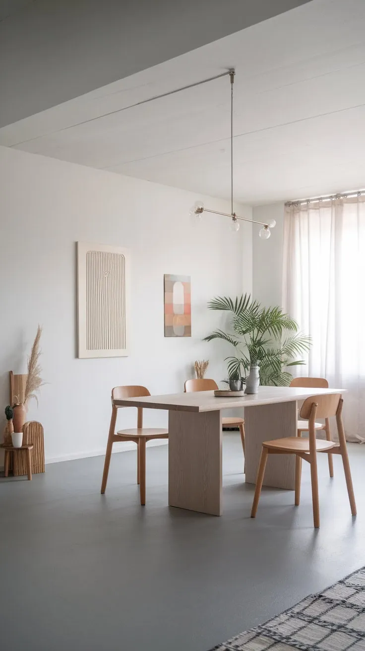 A minimalist white and grey dining room showcases a simple elegance with a white oak table and a few carefully chosen accents.