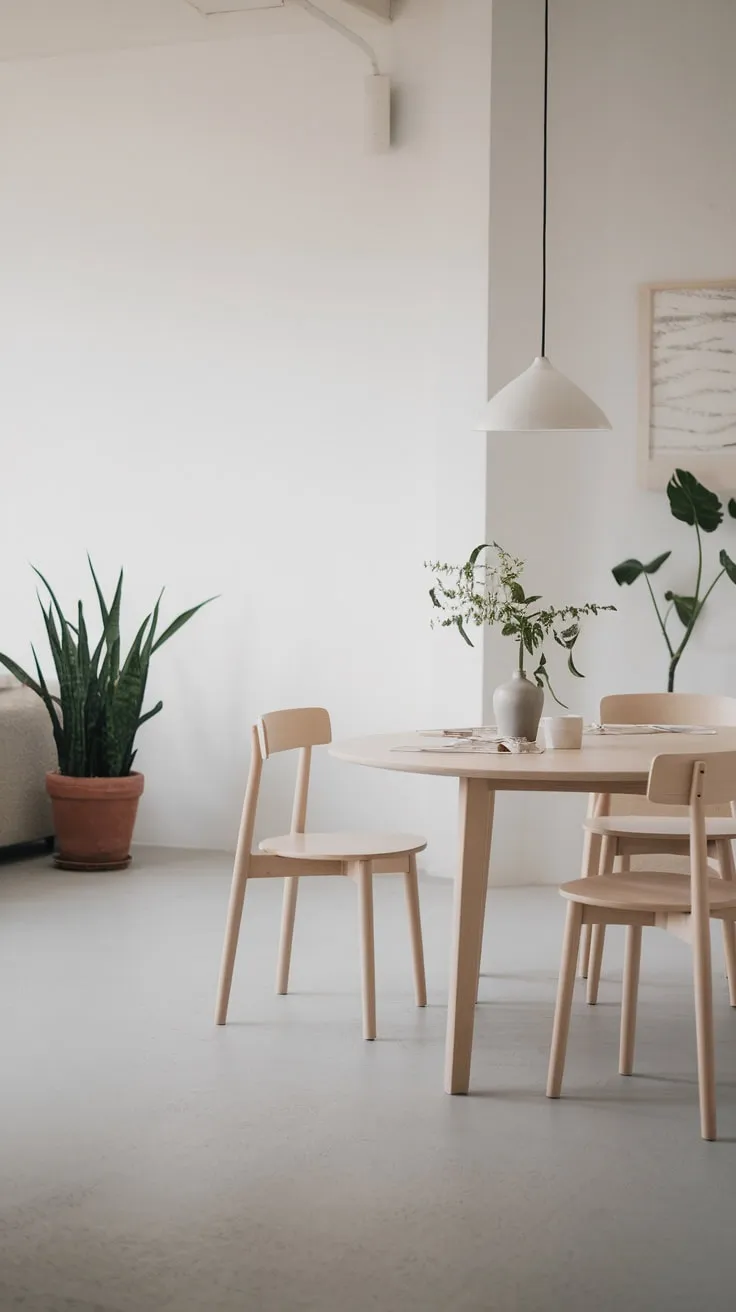 A serene Scandinavian dining room boasts a white oak table, grey floor, and minimal décor, creating a clean and airy space