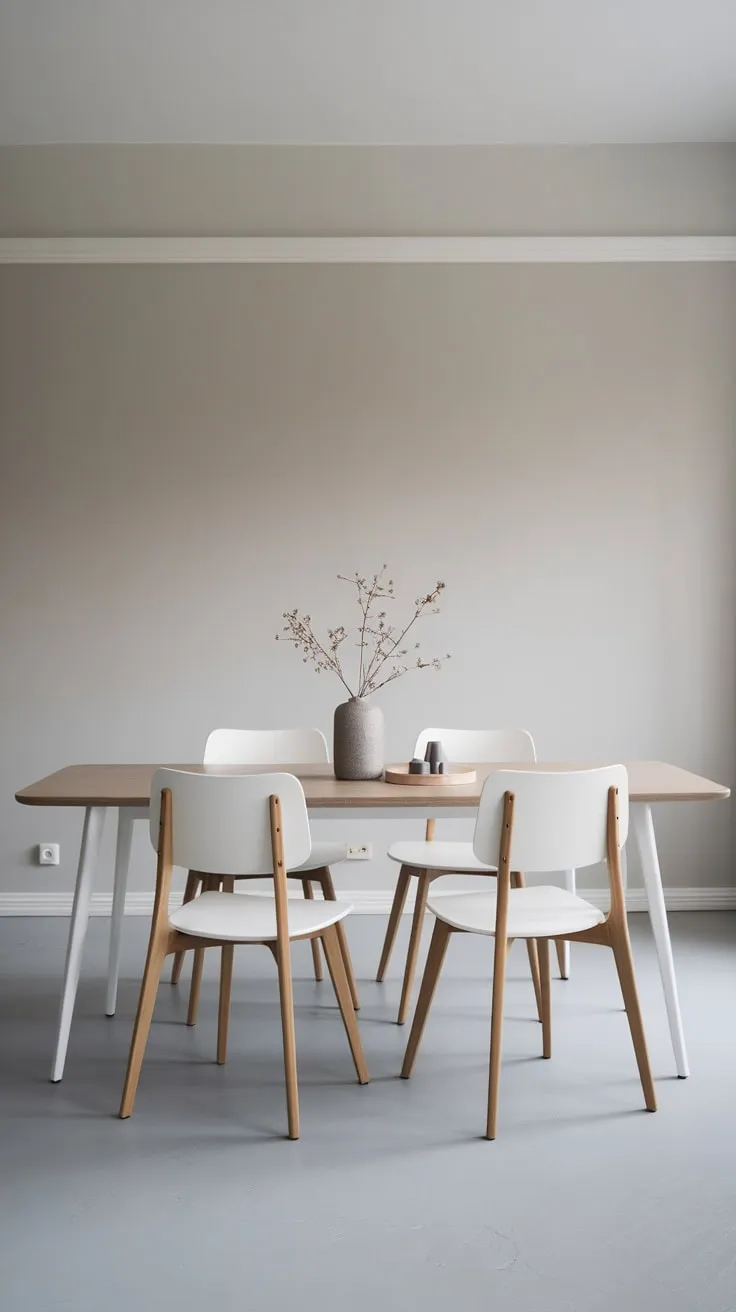 Simple elegance defines this minimalist dining room, featuring a white oak table, grey floor, and four white chairs against a light grey backdrop.
