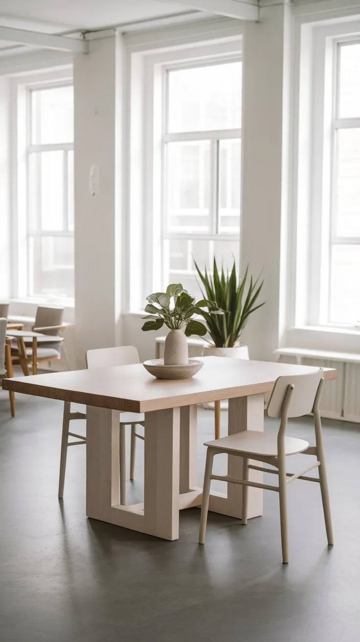 A minimalist dining room bathed in natural light features a clean white oak table and grey floor, creating a tranquil space.