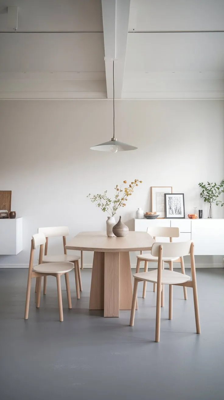 A pristine white and grey Scandinavian dining room features a simple white oak table illuminated by a pendant light.