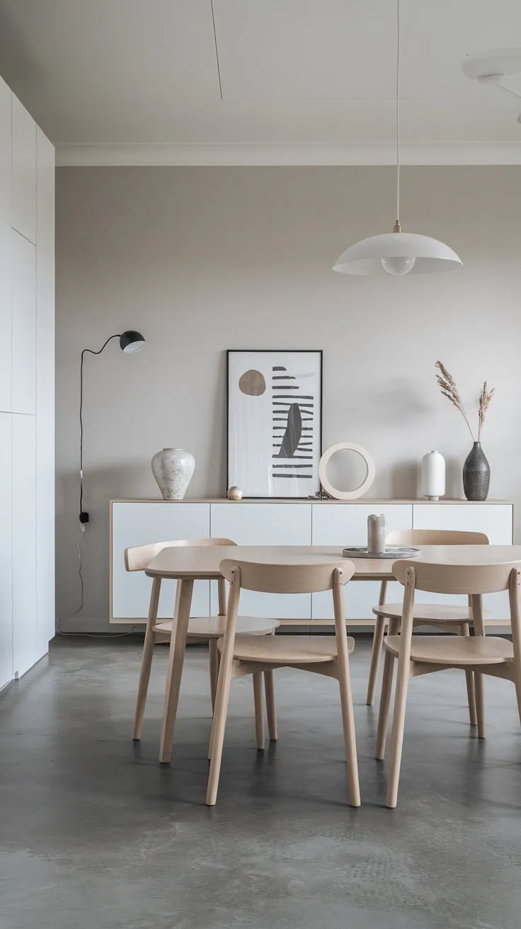 Simple elegance defines this minimalist dining room with its white oak table, grey concrete floor, and muted color palette.