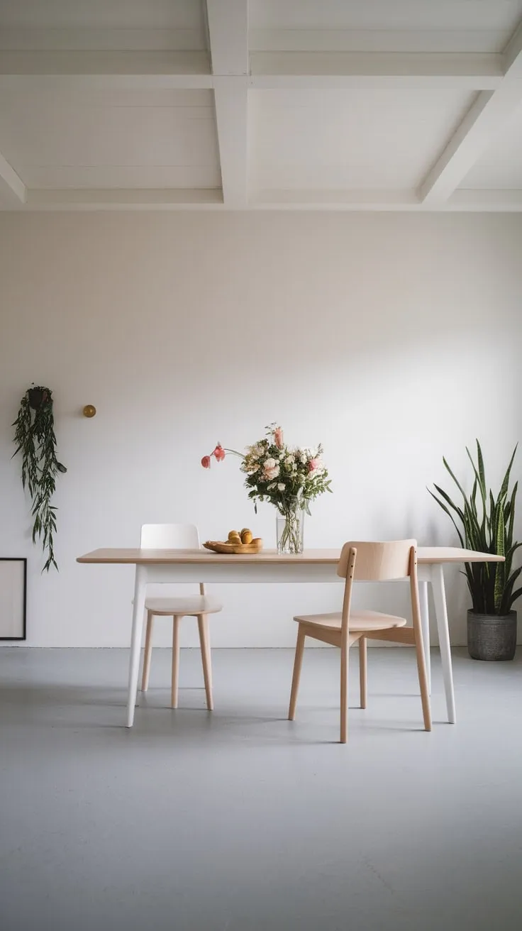 Clean lines and a neutral palette define this minimalist dining room, showcasing a simple yet elegant Scandinavian design.
