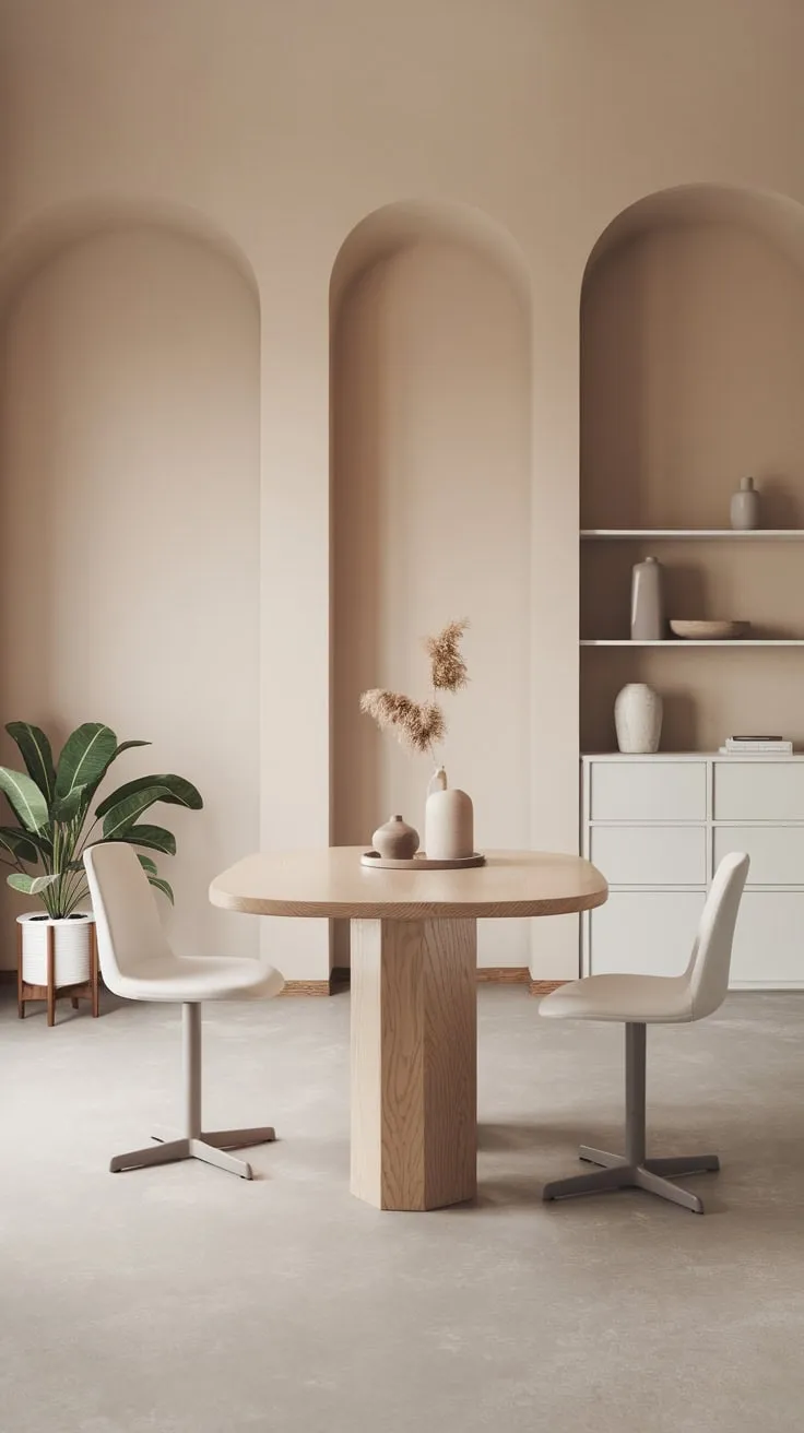 Soft beige walls and simple white chairs accent a neutral palette in this minimalist modern dining area.