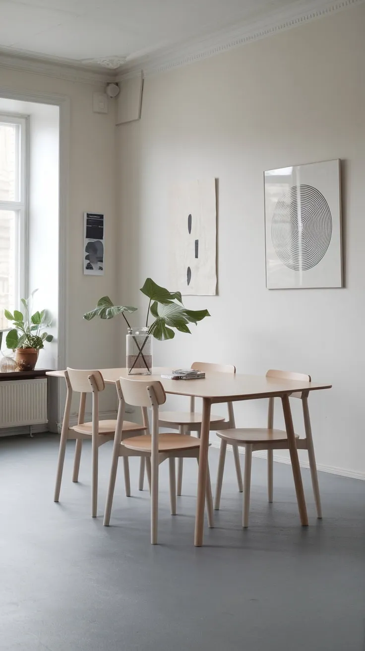 A serene Scandinavian dining room features a white oak table, grey floors, and minimal décor for a peaceful atmosphere.