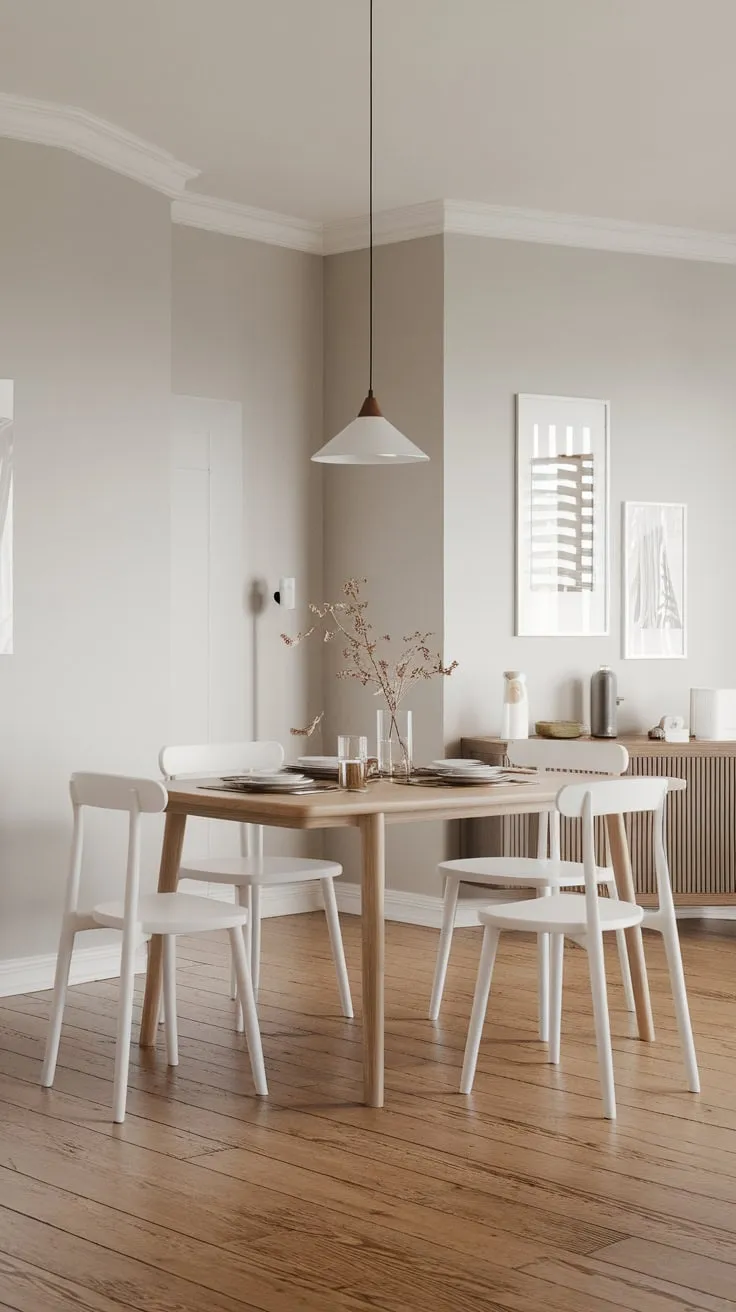 A light grey Scandinavian dining room features a white oak table, grey oak floors, and white chairs creating a clean minimalist aesthetic