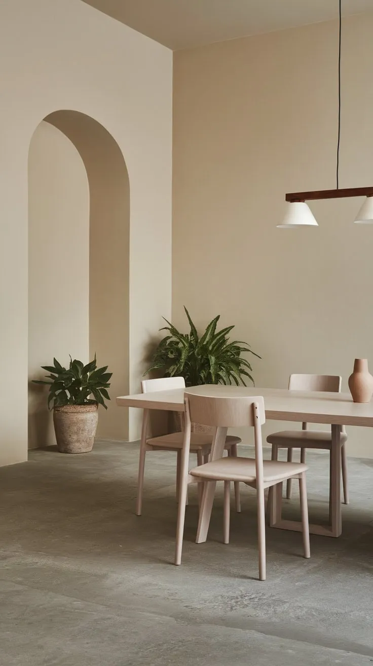 A serene beige-walled dining room features a white oak table, grey concrete floors, and simple potted plants, showcasing minimalist elegance.