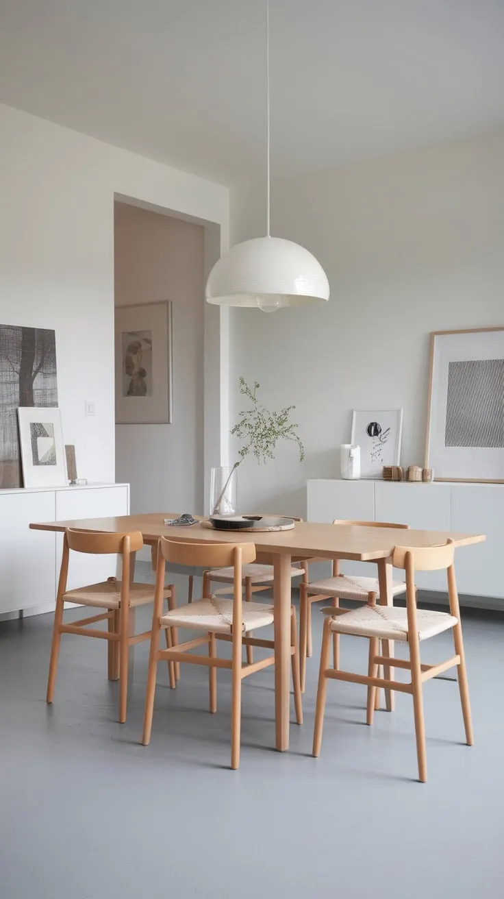 Clean lines and a muted palette create a serene Scandinavian dining room, perfect for minimalist living