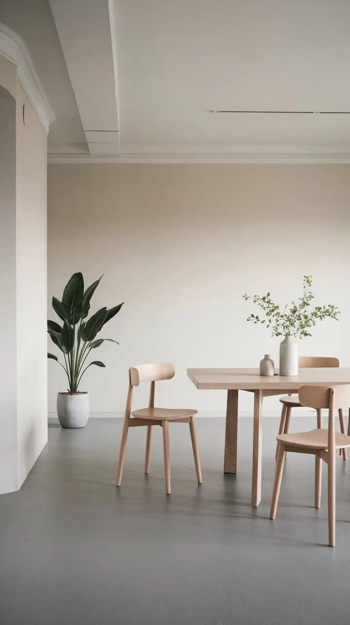 A serene modern minimalist dining room, illuminated by natural light, features a white oak table and grey floor, embodying mindful living and the beauty of simplicity.