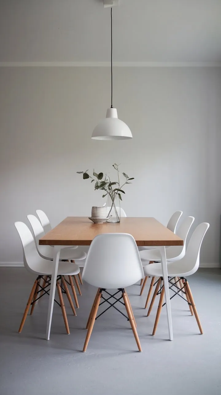 Bathed in sunlight, this Scandinavian dining room exudes serene elegance with its white oak table and pristine chairs, all harmonizing in a minimalist palette of grey and white.