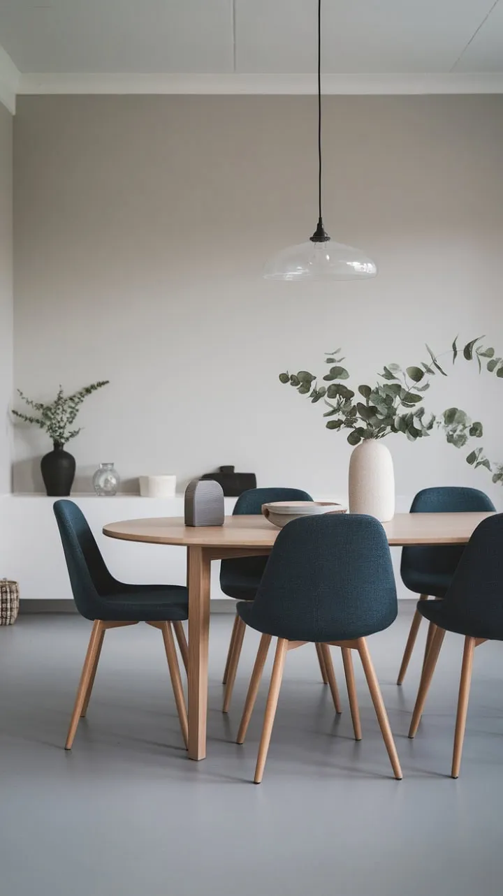This Scandinavian dining area harmoniously blends clean lines and a muted palette, featuring a white oak table and dark blue chairs that exude tranquility with just a touch of personality.