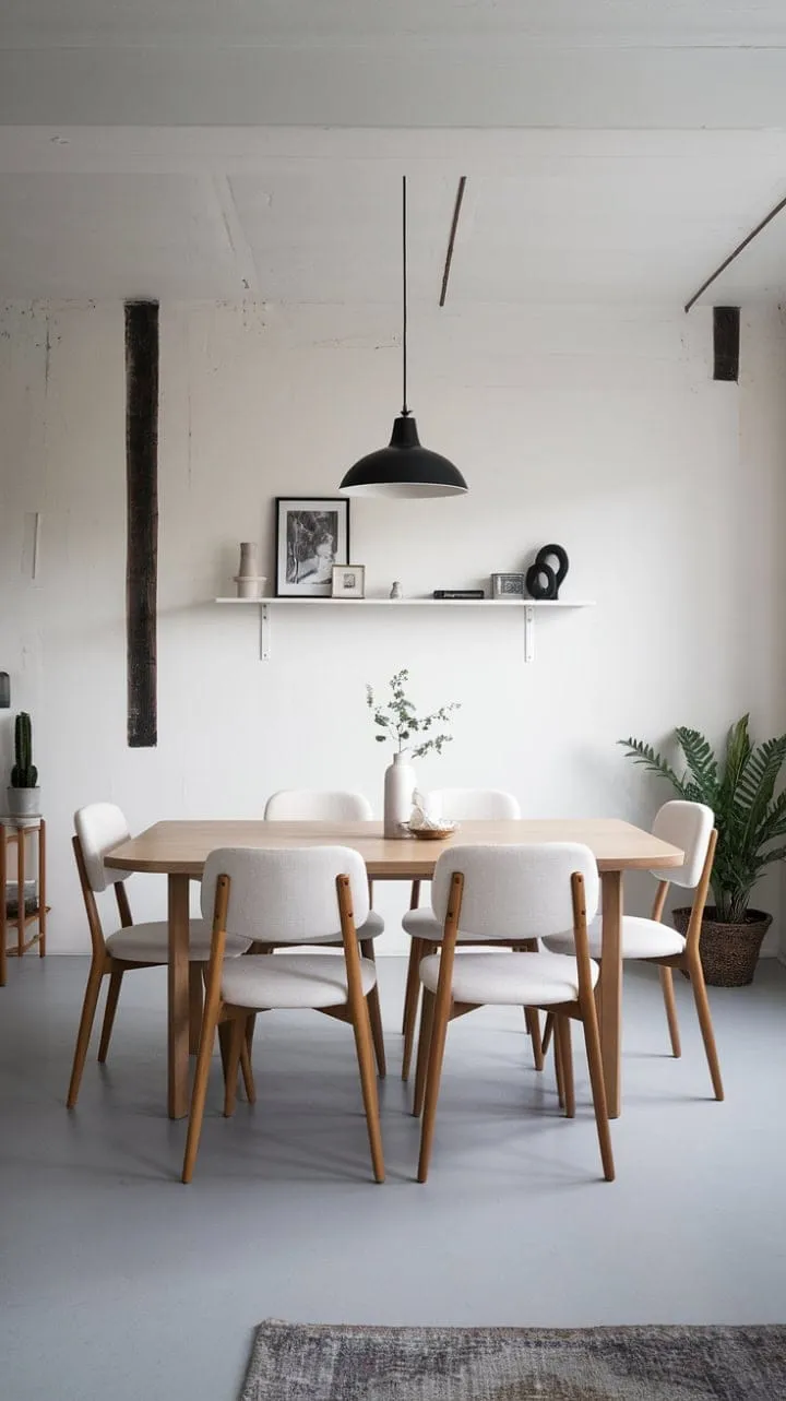 This Scandinavian dining room exudes understated elegance with its clean lines, calming hues, and charming imperfections, featuring a white oak table and a striking black pendant light.
