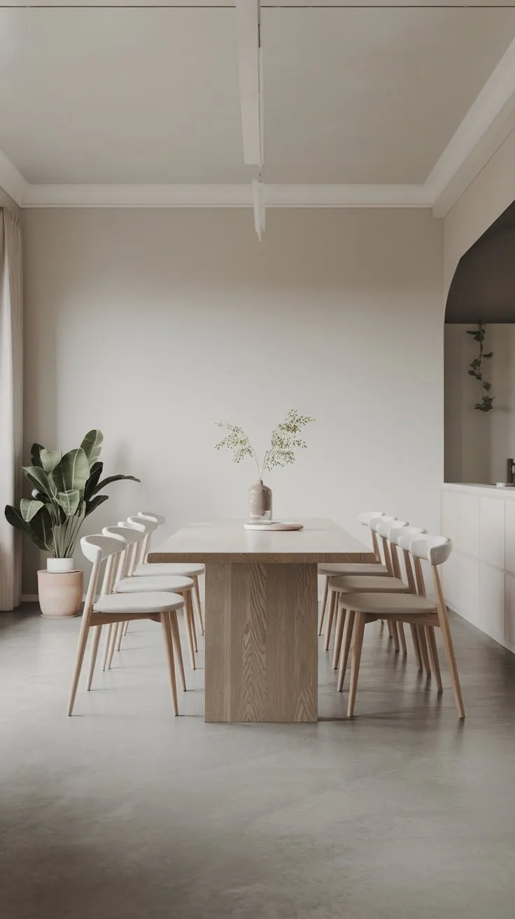 Soft light illuminates a serene minimalist dining room featuring a white oak table, grey floor, and calming white accents punctuated by a single potted plant.