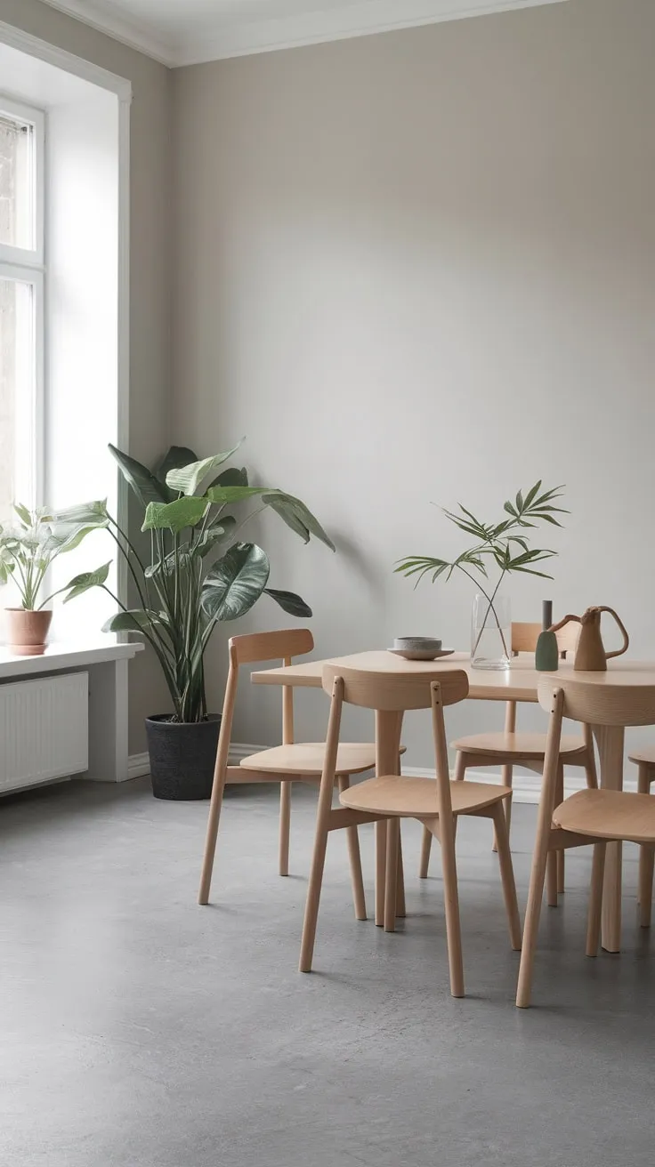 Clean lines and a neutral palette define this minimalist dining room, highlighted by a simple white oak table and a touch of greenery.