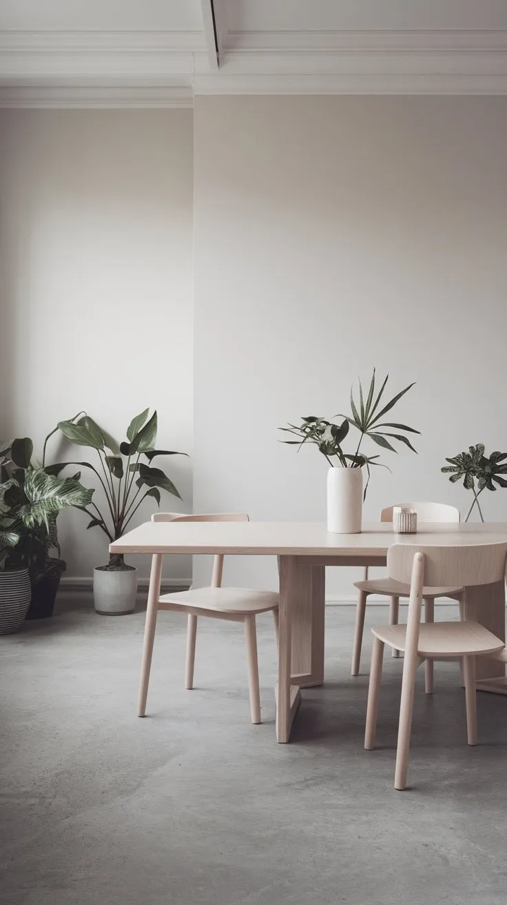 A white-walled Scandinavian dining room showcases a simple white oak table and a few chairs against a grey concrete floor, creating a minimalist haven.