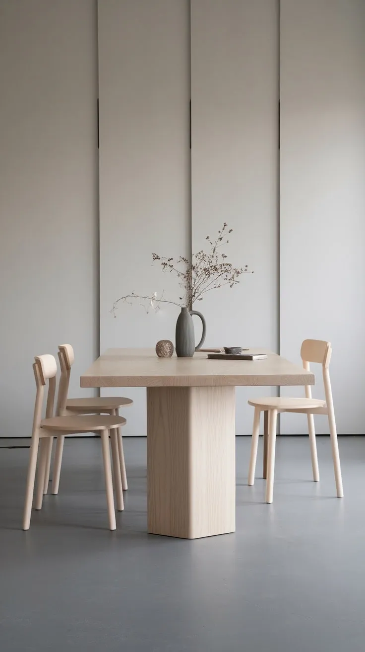 Clean lines and pale oak define this minimalist dining room's serene atmosphere