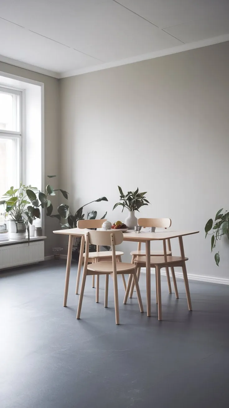 Clean lines and a light grey palette define this minimalist dining room, highlighted by a simple white oak table and a touch of greenery.
