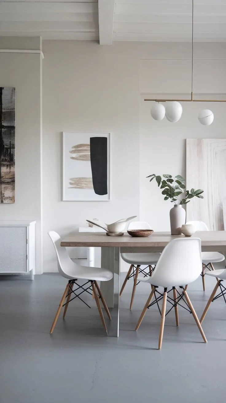 Soft light illuminates a serene Scandinavian dining room featuring a white oak table, grey floor, and minimal white chairs.