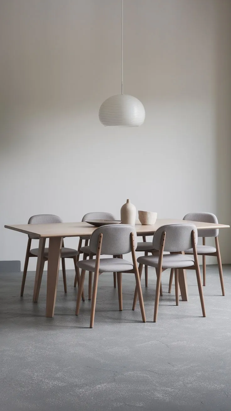 Clean lines and a neutral palette define this minimalist dining room, centered around a white oak table.