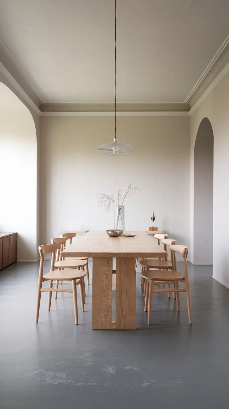 A pristine white and grey minimalist dining room features a white oak table, pendant lighting, and a few chairs, creating a clean and airy space.