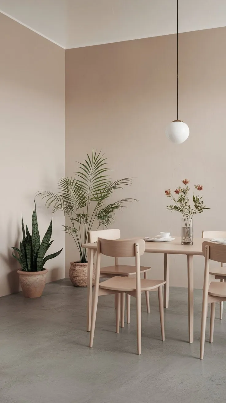 Clean lines and neutral tones define this minimalist dining space, showcasing a white oak table and chairs on a concrete floor with subtle greenery.