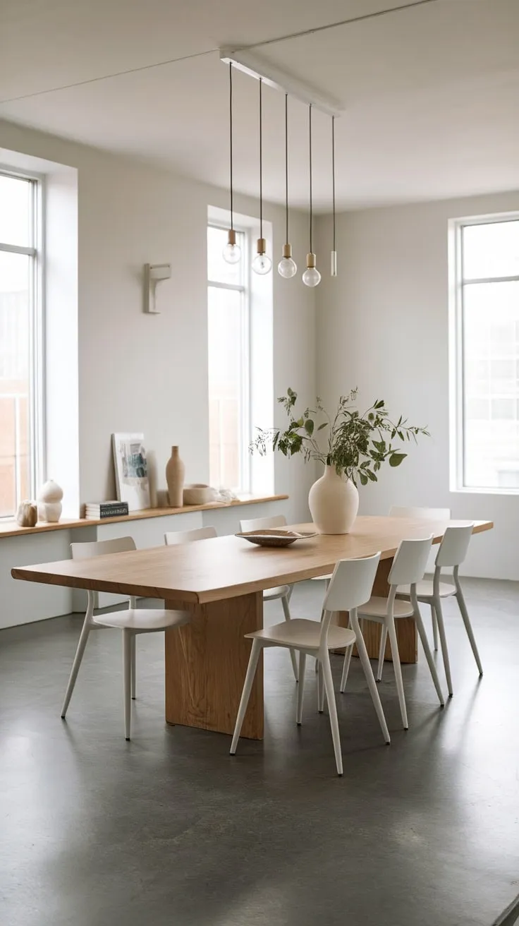 A minimalist dining room's clean lines and natural light highlight a simple white oak table and chairs, creating a peaceful atmosphere.