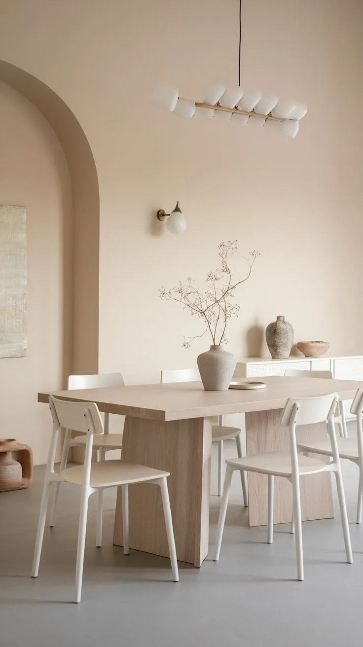 Clean lines and neutral tones define this minimalist dining space, elevated by simple yet elegant décor.