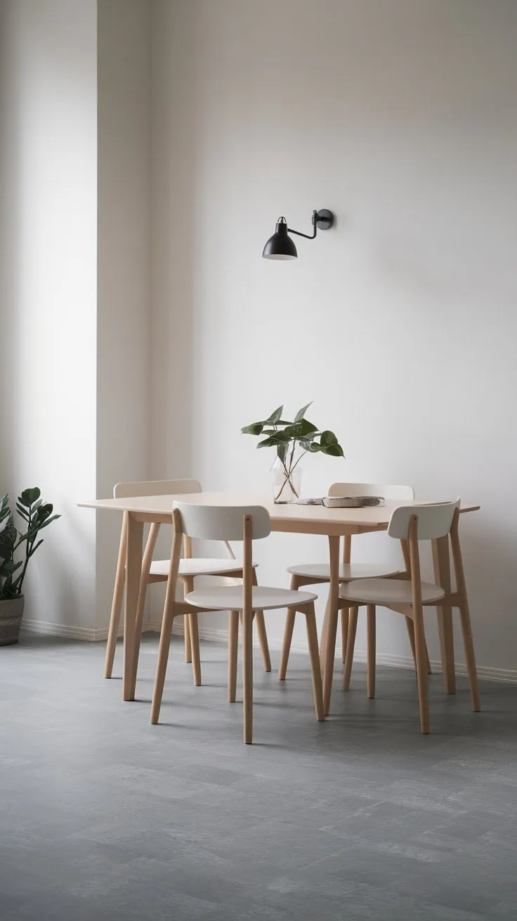 Clean lines and natural light define this minimalist Scandinavian dining room, featuring a white oak table and grey flooring.