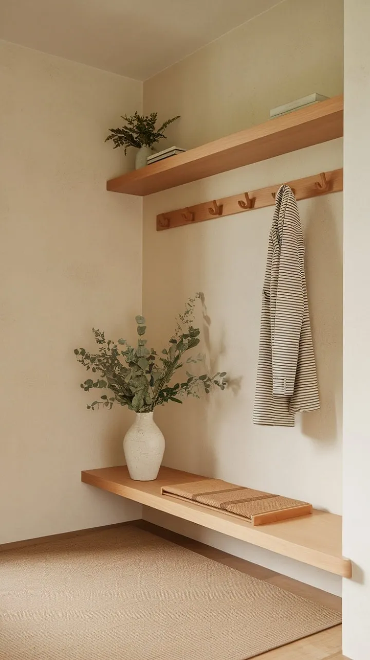 In this minimalist Japandi-inspired entryway, natural textures and sleek lines unite to create a stylish yet functional space with a floating shelf, coat rack, and integrated bench.