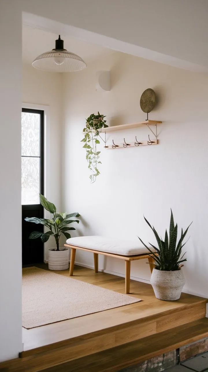 This Japandi entryway exudes understated elegance, blending minimalist design with mindful living through its curated wooden bench and strategic greenery.