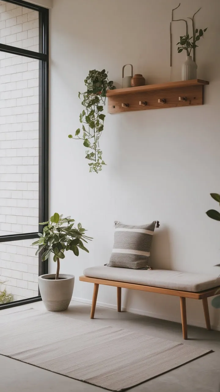 This serene Japandi entryway, bathed in natural light and warm wood tones, offers a tranquil sanctuary that invites you to leave your worries behind.