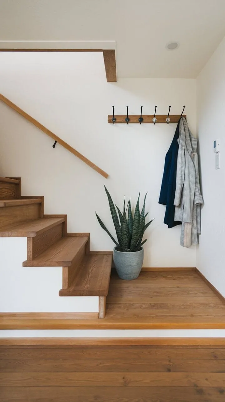 In this serene Japandi-inspired space, a gracefully curved wooden staircase and subtle greenery harmoniously unite beauty and practicality.