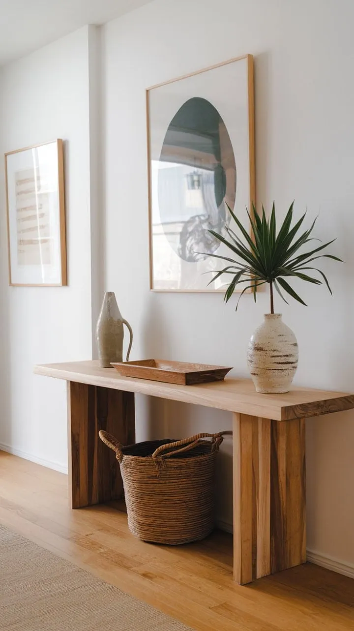 A tranquil entryway blends natural wood and Japandi elegance, inviting mindfulness through curated details like a ceramic vase and a thriving plant.