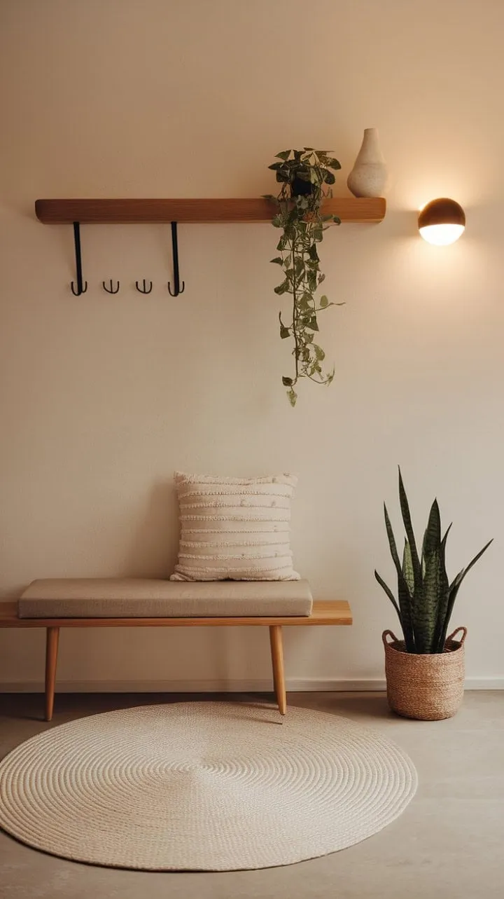 In a serene Japandi entryway, warm light illuminates a minimalist sanctuary where clean lines, natural textures, and inviting elements harmoniously blend functionality with understated elegance.