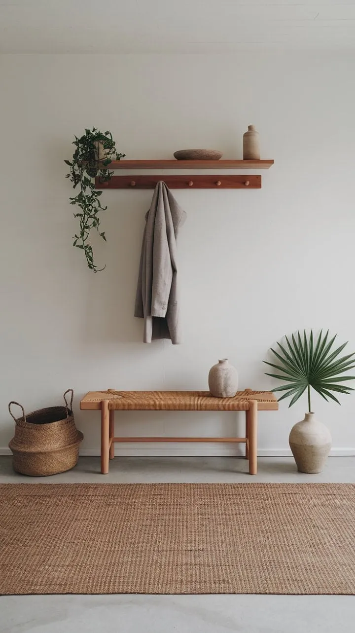 Step into a serene Japandi entryway where handcrafted wood and woven accents harmonize to embody the essence of mindful living.