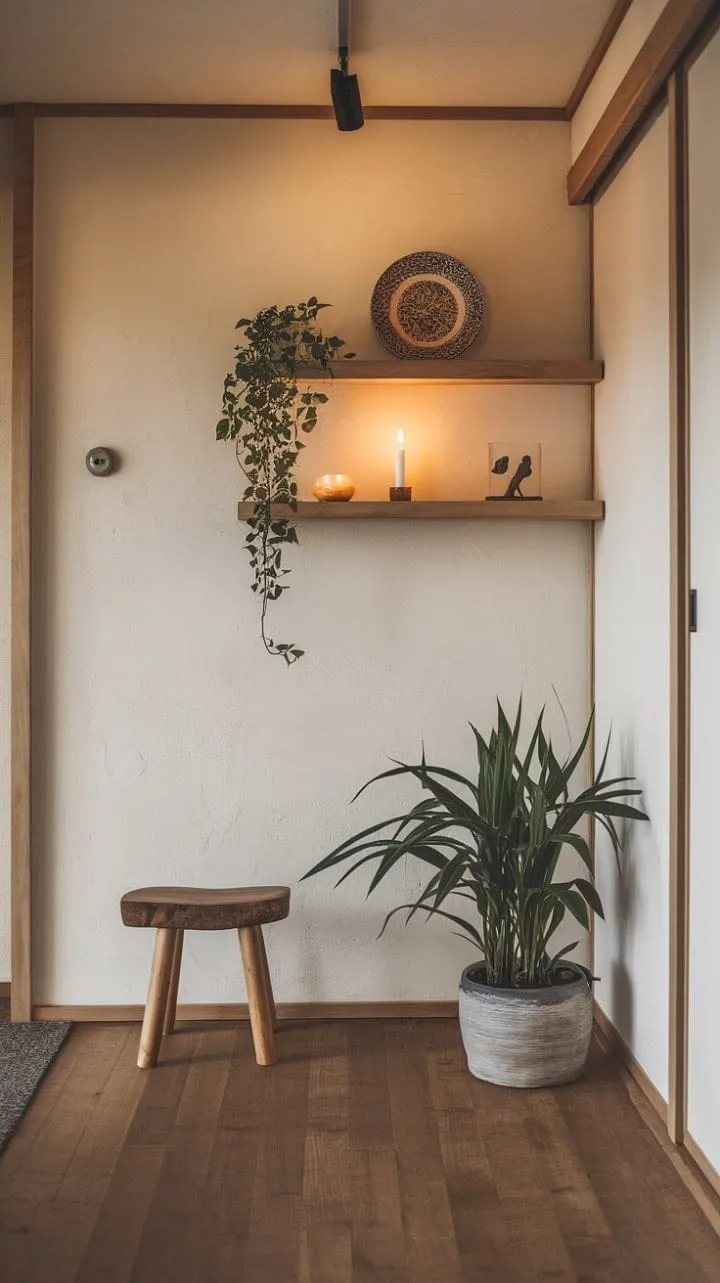 The warm light in the minimalist Japandi entryway bathes natural wood tones and curated objects, creating a serene and elegant welcome home.