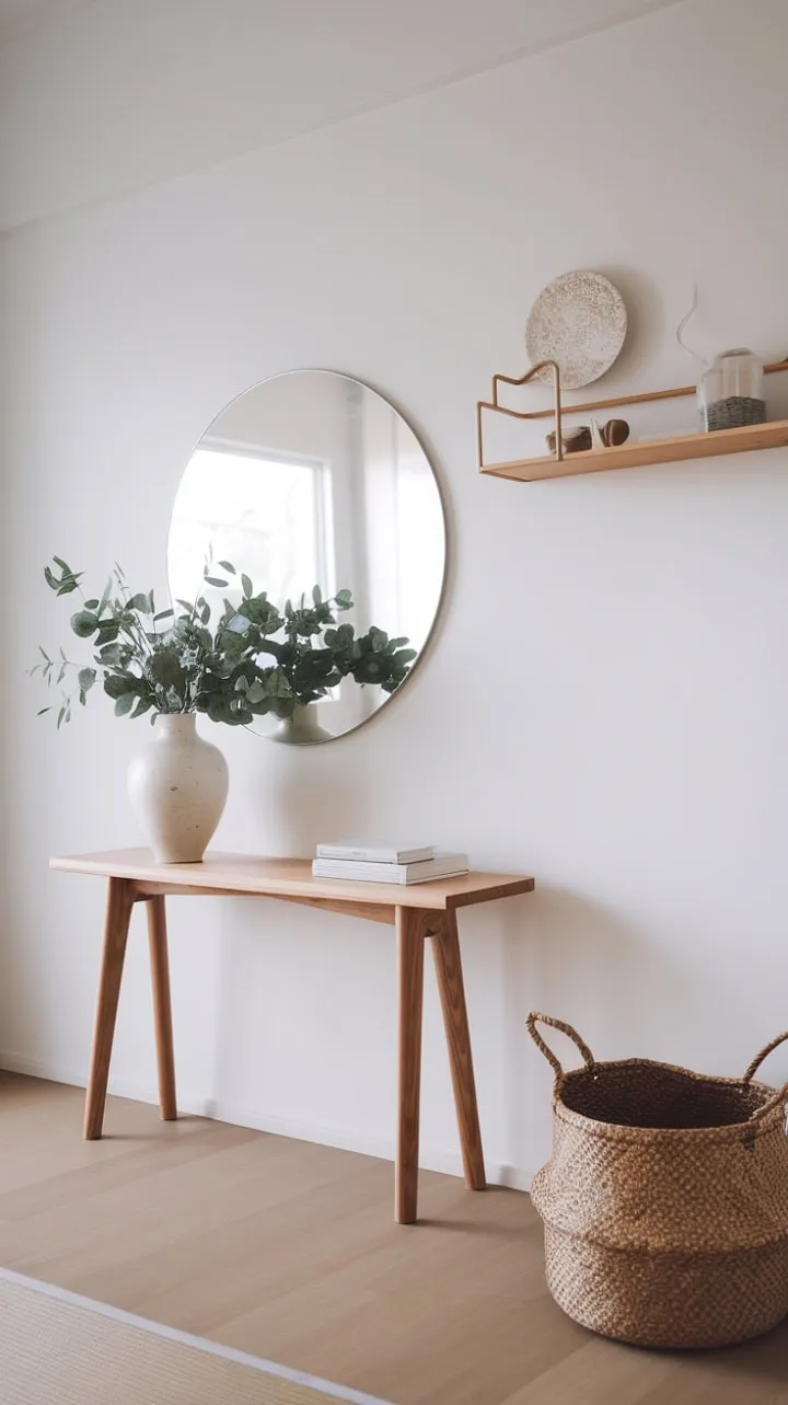 This Japandi-inspired entryway blends natural materials and thoughtful design, featuring a circular mirror and curated accessories that evoke a serene and welcoming atmosphere.