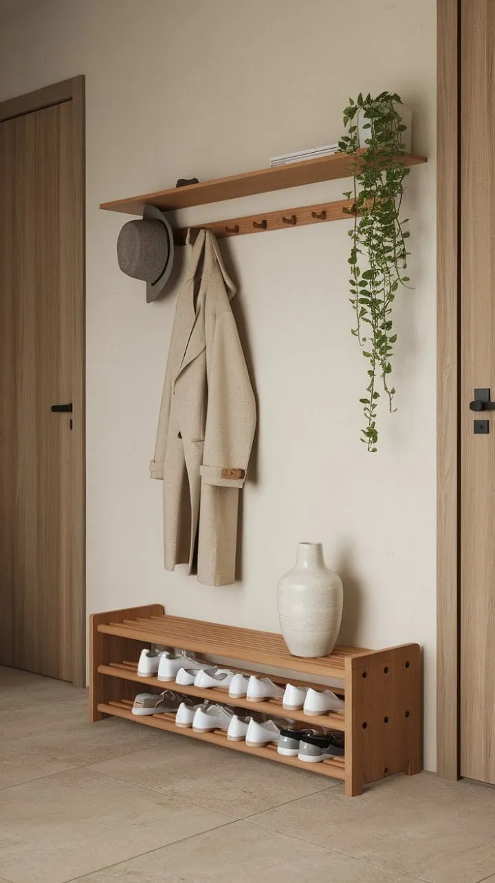 Step into a serene Japandi-inspired entryway where natural wood meets crisp white, creating a peaceful gateway from the chaos outside to inner calm.