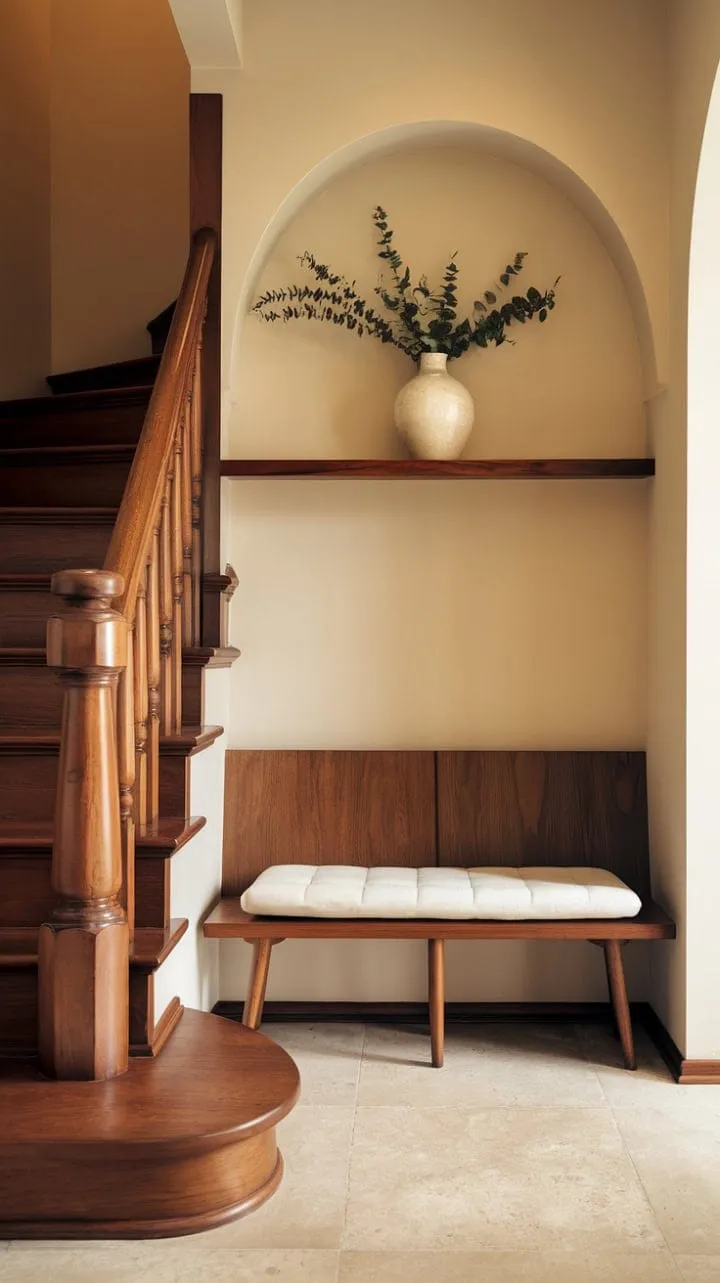 Sunlight gracefully illuminates the serene Japandi entryway, where curated details foster a warm and tranquil ambiance.