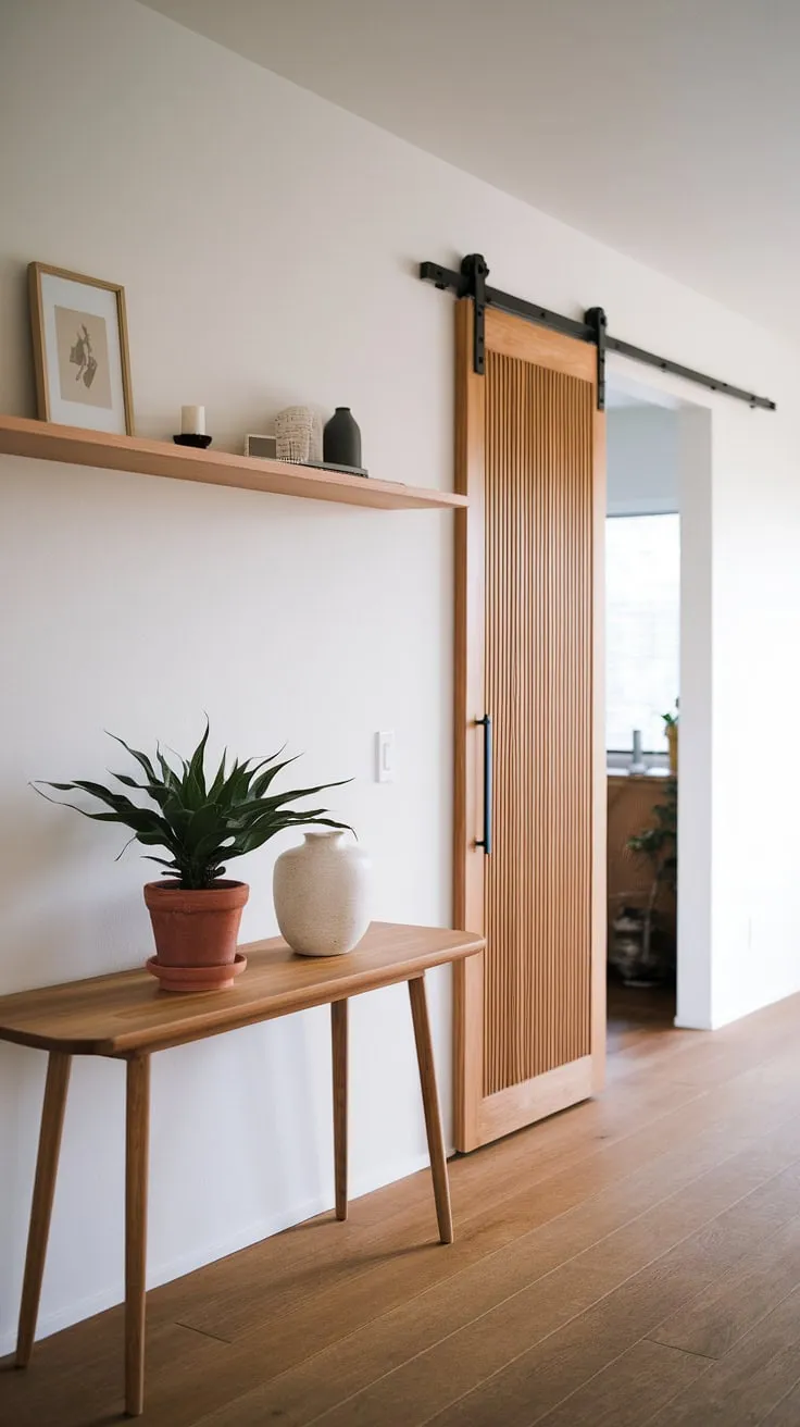 Serene simplicity defines this Japandi entryway. The warm wood tones of the console table, sliding door, and flooring create a calming atmosphere, perfectly complemented by the minimalist decor and a touch of nature. A sense of understated elegance welcomes you home.