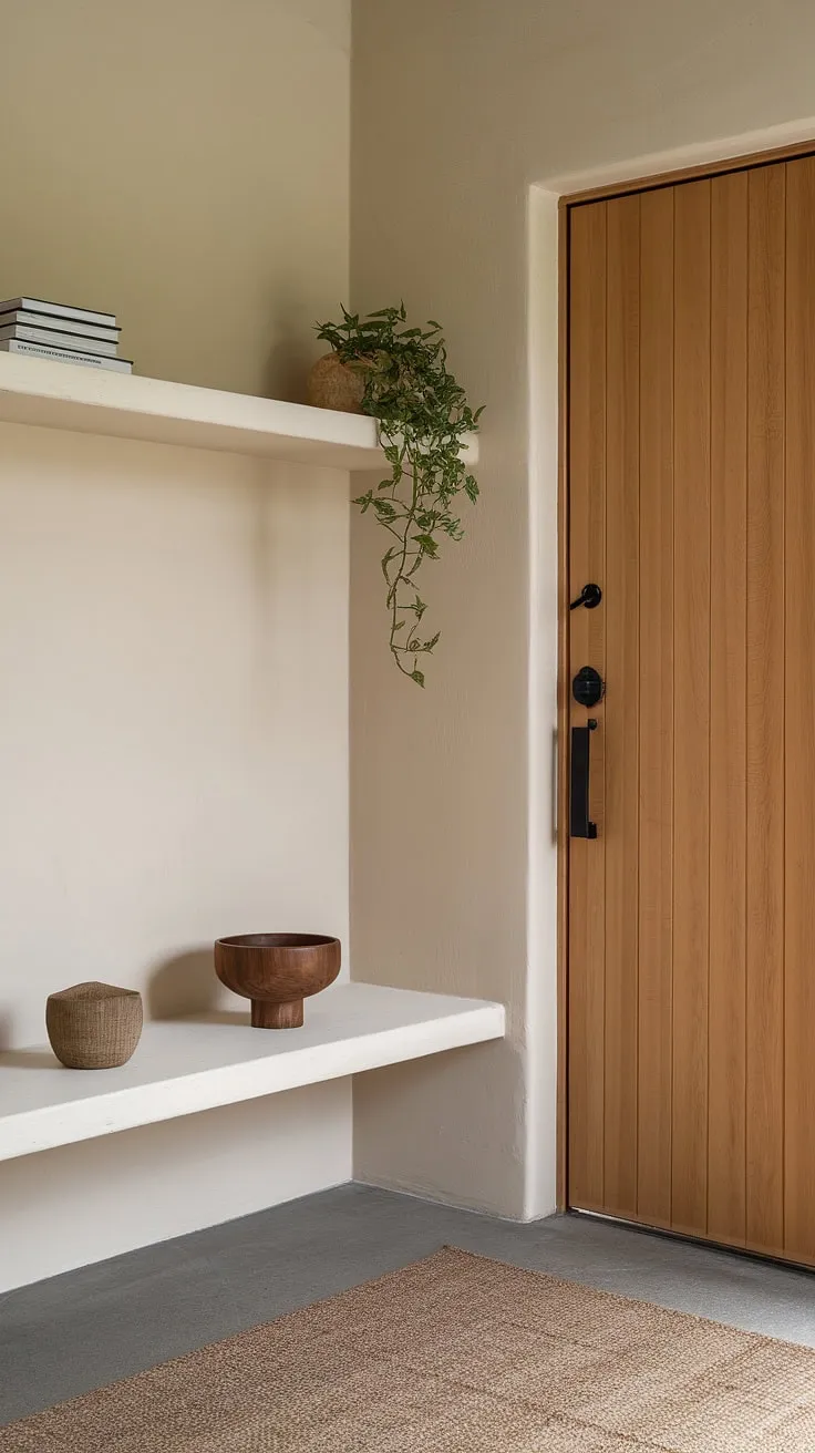 Calm and collected. This Japandi entryway, with its minimalist white shelf, subtly textured rug, and warm beige walls, welcomes you home with understated elegance. The natural wood accents and a touch of greenery create a serene and balanced space.