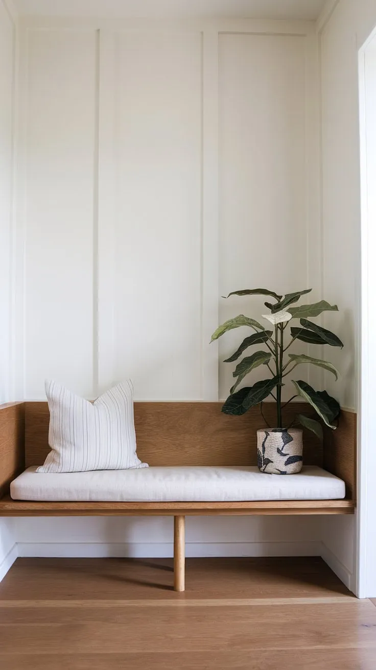 Step into serenity. This Japandi-inspired entryway, with its calming white walls, warm wood floors, and a simple bench, welcomes you home with understated elegance. The addition of a lush green plant adds a touch of nature's tranquility.