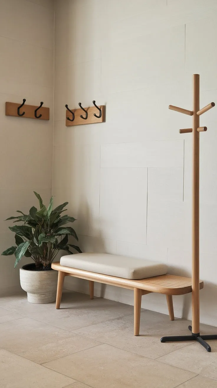 Serene simplicity defines this Japandi entryway. The natural wood tones of the bench and coat rack, complemented by the soft beige cushion and a touch of greenery, create a calming and welcoming atmosphere. A perfect blend of Japanese minimalism and Scandinavian functionality.