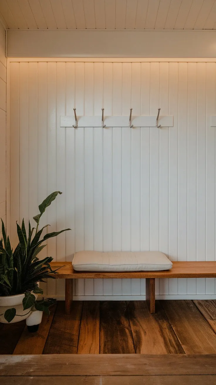 Step into serenity. This Japandi-inspired entryway, with its calming wooden bench and minimalist design, welcomes you home with understated elegance. The soft lighting and simple details create a peaceful atmosphere, a perfect blend of Japanese and Scandinavian aesthetics. A quiet sanctuary awaits.