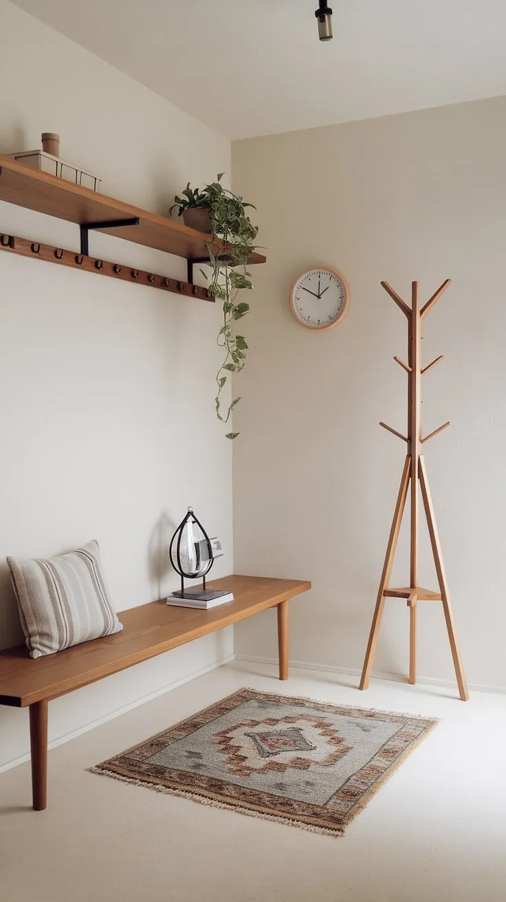 Step into tranquility. This Japandi-inspired entryway showcases the beauty of simplicity. The carefully curated elements, from the wooden accents to the subtle pops of color, invite a sense of peace and calm, setting the tone for the rest of the home.