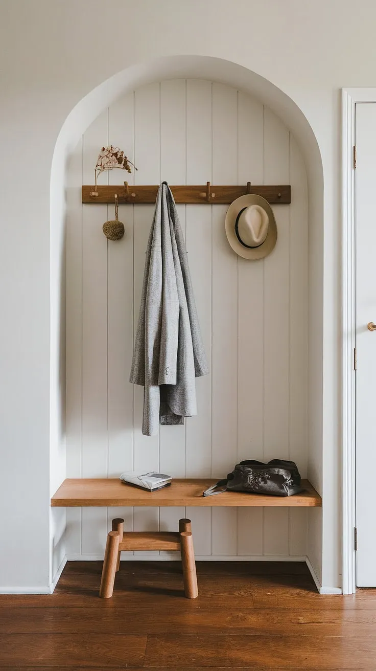 A serene sanctuary awaits. This minimalist Japandi entryway, featuring a simple wooden coat rack and a few thoughtfully chosen accessories, exudes calm. The natural wood tones and clean lines create a space that feels both inviting and sophisticated. A perfect example of how less can truly be more. A space to shed the day's worries and embrace peace.