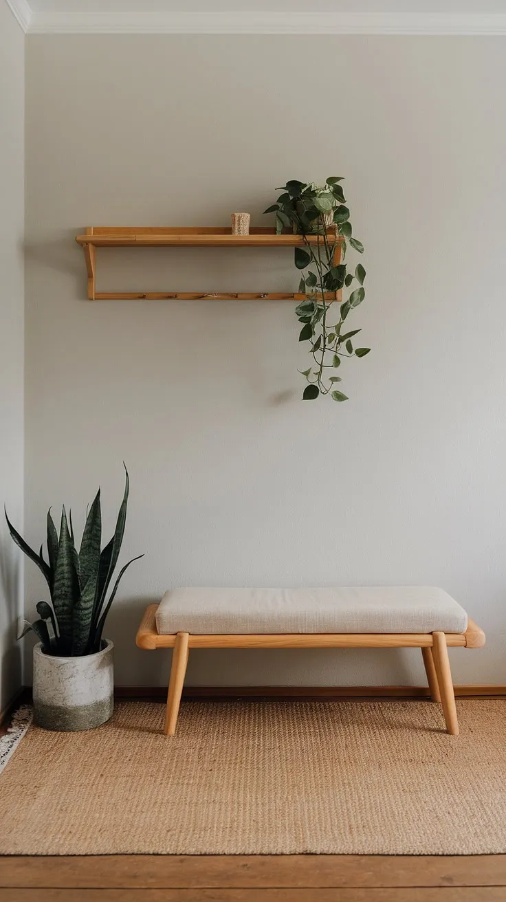 Serene simplicity defines this Japandi entryway. The warm beige rug and wooden bench, accented by a minimalist shelf and a touch of greenery, create a welcoming and calming atmosphere. A perfect blend of functionality and understated elegance.