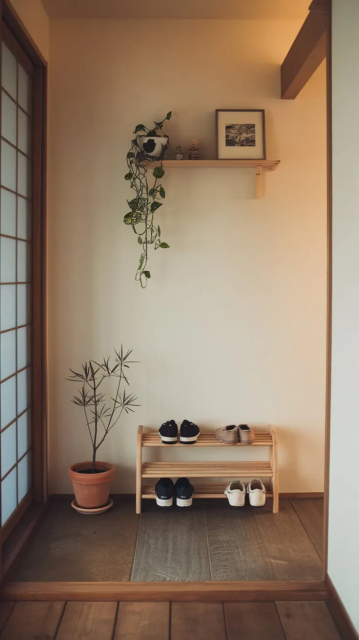 Step into serenity. This Japandi-inspired entryway, with its warm wood flooring, minimalist shoe rack, and carefully curated shelf, welcomes you home with understated elegance. A sense of calm permeates the space, enhanced by the soft lighting and the gentle presence of a potted plant. A perfect blend of Japanese and Scandinavian design principles creates A tranquil and inviting atmosphere.